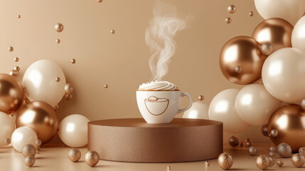 A cozy brown podium surrounded by coffee-colored balloons, a gift box featuring a coffee cup design, and a steaming cup of cappuccino for a stylish coffee celebration.
