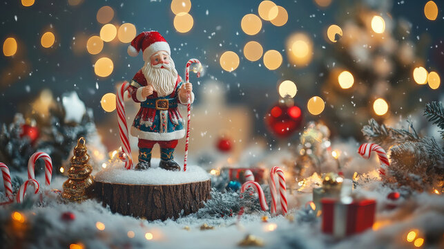 A podium with a Saint Nicholas figure, candy canes, stockings, and colorful lights, set against a cozy winter scene for Saint Nicholas Day.