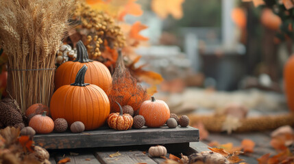 A podium with warm autumn colors, featuring pumpkins, acorns, and golden wheat, celebrating Thanksgiving in a rustic setting.