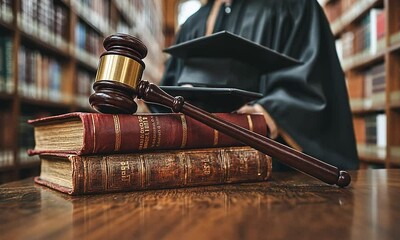 A judge's gavel rests on law books in a library setting.