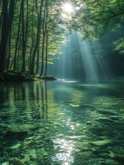 A bright and peaceful view of a lush forest with a crystal clear stream that reveals the rocks beneath. Sunlight filters through tall trees. No people. A natural scene suitable for ecotourism.