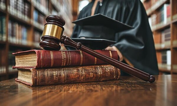 A judge's gavel rests on law books in a library setting.