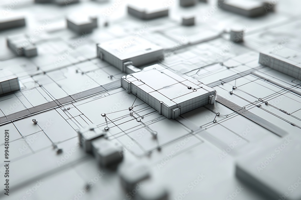Poster abstract 3d render of a circuit board with connected squares, lines, and nodes