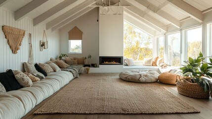 Airy Scandinavian living room with vaulted ceilings, a wall-mounted bioethanol fireplace, and a large wool rug