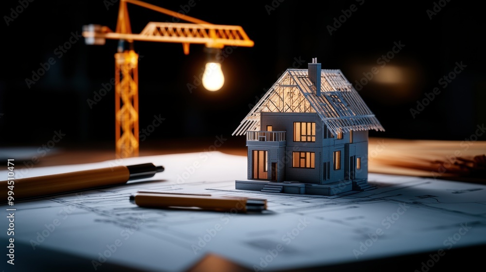 Poster architectural model with blueprint and construction elements