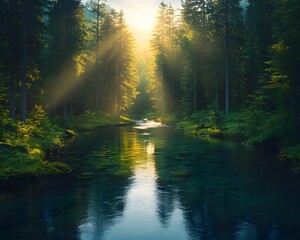 Obraz premium A bright and peaceful view of a lush forest with a crystal clear stream that reveals the rocks beneath. Sunlight filters through tall trees. No people. A natural scene suitable for ecotourism.