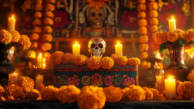A podium adorned with vibrant marigold garlands, glowing candles, and sugar skulls, set against a traditional Mexican backdrop with intricate patterns for Day of the Dead.