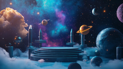 A cosmic-themed podium with a nebula-filled background, floating planets and stars, and space decorations like rockets and satellites for a futuristic World Space Week celebration.