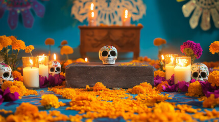 A festive podium surrounded by vibrant papel picado, sugar skulls, and candles, with marigold petals scattered around for a lively Day of the Dead celebration.