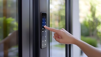 Close-up of a woman's hand using a digital lock on a modern door