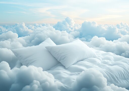 Soft white pillows resting atop fluffy clouds in a tranquil blue sky creating a serene atmosphere for relaxation and restful sleep