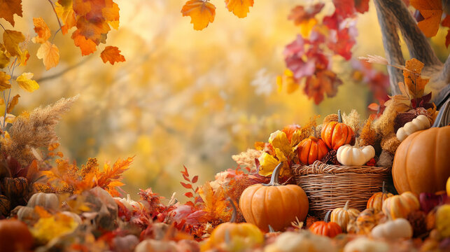A podium surrounded by pumpkins, cornucopia, and rich fall foliage, with a cozy, warm-toned background for Thanksgiving.