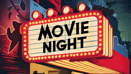 A vibrant illustration sign with retro marquee signage reading "Movie Night"text,  illuminated by red electric lamps against a textured wall background, cinematic experience, vintage cityscape