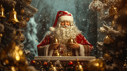 Fototapeta premium A podium surrounded by golden bells, stockings, and a joyful Saint Nicholas figure, set against a snowy winter backdrop for Saint Nicholas Day.