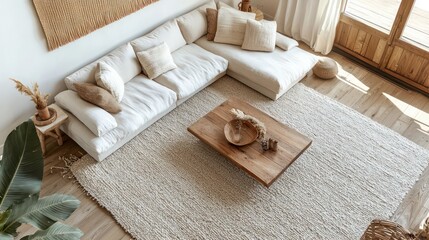 Airy Scandinavian living room featuring a low-profile sectional sofa, a large wool area rug, and a minimalist wood coffee table