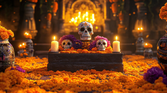 A podium surrounded by bright marigold petals, decorated sugar skulls, and flickering candles, set against a traditional Day of the Dead backdrop.