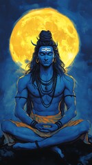 Obraz premium Shiva, Hindu god of destruction and creation, meditating under the moon