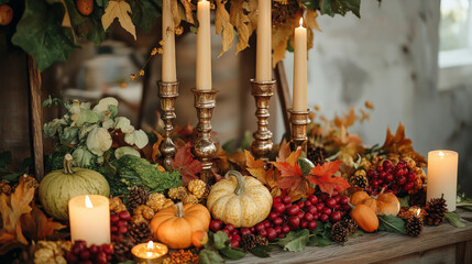 A podium decorated with harvest vegetables, fall leaves, and golden candles, perfect for a Thanksgiving celebration.