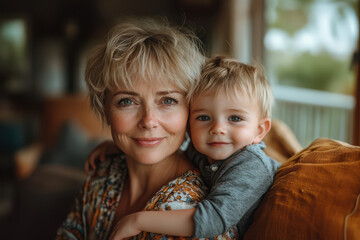 Happy grandmather holding her smiling cute baby grandchild sitting on the couch in the garden, nature background.