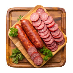 Top view of a delicious looking sliced alligator sausage arranged food photography style on a wooden tray isolated on a white transparent background