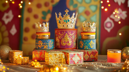 Fototapeta premium A podium surrounded by gold, myrrh, and frankincense, with three royal crowns and small gift boxes set against a vibrant background for a Three Kings Day display.