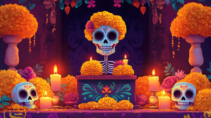 A podium adorned with traditional Day of the Dead elements, including marigold flowers, sugar skulls, and candles, set against a festive backdrop.