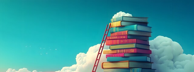 A ladder leaning against a stack of books, reaching towards the sky.