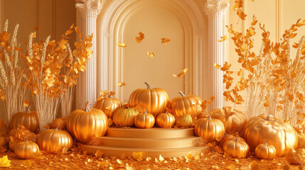 Obraz premium A podium decorated with golden pumpkins, wheat stalks, and fall leaves, celebrating Thanksgiving in a harvest-inspired setting.