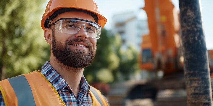 Bauarbeiter auf Baustelle mit Baumaschine