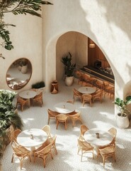 A serene outdoor café with woven chairs and tables nestled in a bright, minimalist architectural setting filled with greenery