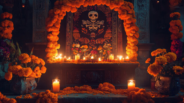 A podium adorned with vibrant marigold garlands, glowing candles, and sugar skulls, set against a traditional Mexican backdrop with intricate patterns for Day of the Dead.