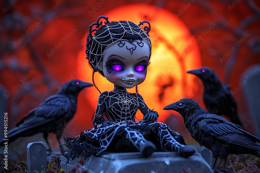 Wall mural A gothic doll in a black dress adorned with silver webs, sitting on a tombstone in a graveyard under a blood-red moon. Her stitched smile and glowing purple eyes add to the eerie atmosphere