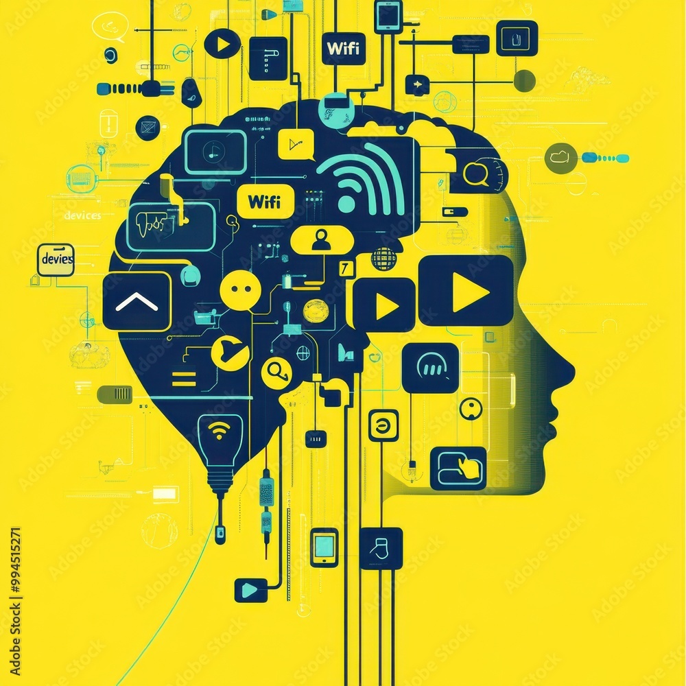 Poster graphic of a human head silhouette with interconnected digital icons representing technology and com
