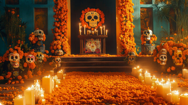 A podium surrounded by bright marigold petals, decorated sugar skulls, and flickering candles, set against a traditional Day of the Dead backdrop.