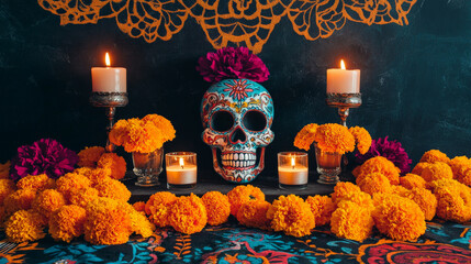 A podium with vibrant sugar skulls, marigold garlands, and flickering candles, set against a dark, festive Day of the Dead backdrop with traditional patterns.