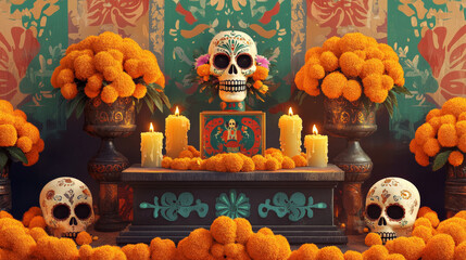 A podium adorned with traditional Day of the Dead decorations, including marigold flowers, sugar skulls, and candles, set against a festive Mexican pattern backdrop.