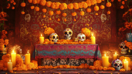 A podium adorned with traditional Day of the Dead decorations, including marigold flowers, sugar skulls, and candles, set against a festive Mexican pattern backdrop.