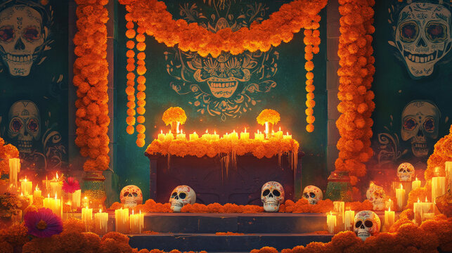 A podium decorated with bright marigold garlands, glowing candles, and sugar skulls, set against a vibrant backdrop with intricate Mexican motifs for Day of the Dead.