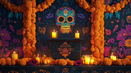 A podium with vibrant sugar skulls, marigold garlands, and flickering candles, set against a dark, festive Day of the Dead backdrop with traditional patterns.