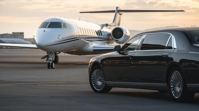 View of black luxury limousine car with private white jet in the background at the airport, private luxury escort