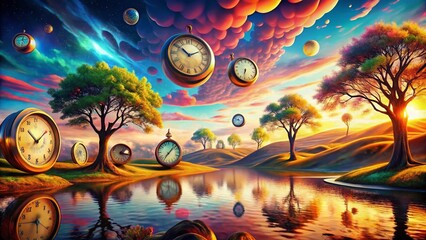 Obraz premium Surreal Melting Clocks Illustrating the Fluidity of Time and Reality in a Dreamlike Landscape