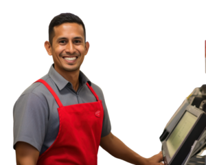 PNG Smiling latino cashier in supermarket adult entrepreneur consumerism.