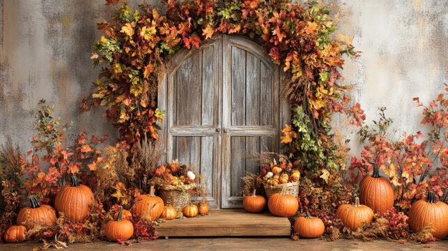 A podium surrounded by vibrant fall foliage, pumpkins, and cornucopia, set against a rustic, harvest-inspired backdrop for Thanksgiving.