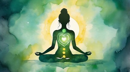 Watercolor inner peace background, serene mood, silhouette meditating with glowing heart chakra, calming colors