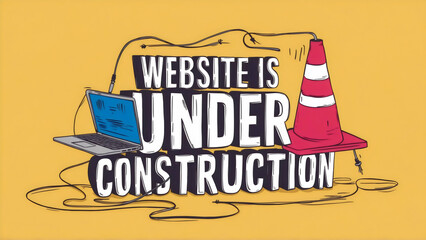 Bold text "Website is Under Construction" with a construction cone and a laptop  losing power on a yellow background, sketched in pencil style, sign, cartoon design, Web page building process