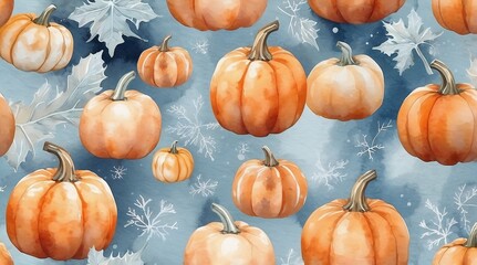 Watercolor pumpkins with light frost, warm oranges and cool whites 