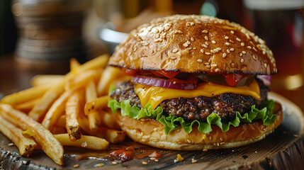 A classic cheeseburger with a side of crispy fries, captured using an ultra HD camera with a ring light for even illumination