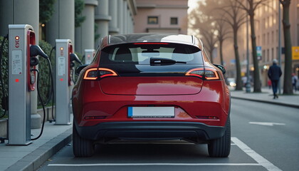 Electric red car is charging in station, urban electro charger, green eco technology concept