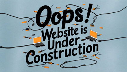 Calligraphic text "Oops! Website is under construction" written in a modern, bold font, disconnected cables and laptop symbol on light blue background, creative, playful design, social media concept