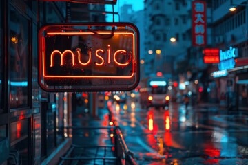 Neon Music Sign on a Rainy City Street at Night – Urban Scene with Reflections and Cars
